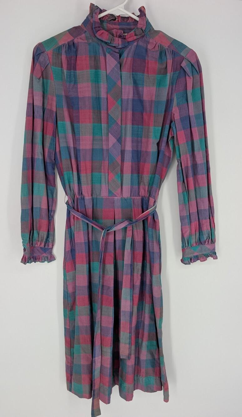 Vintage Pastel Plaid Checkered Prairie Midi Dress 8 100% Cotton Cottagecore